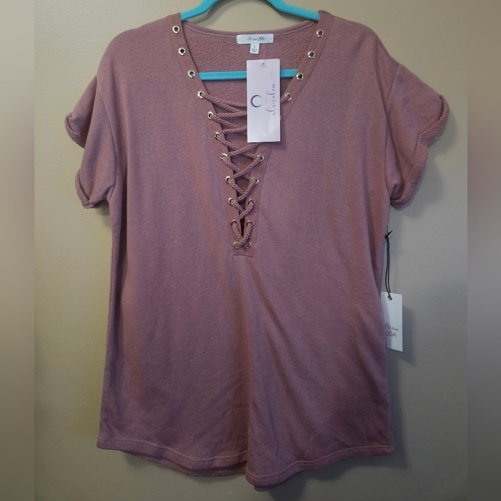 NWT Active USA Women's Size L Lace Front Terry Cloth Top